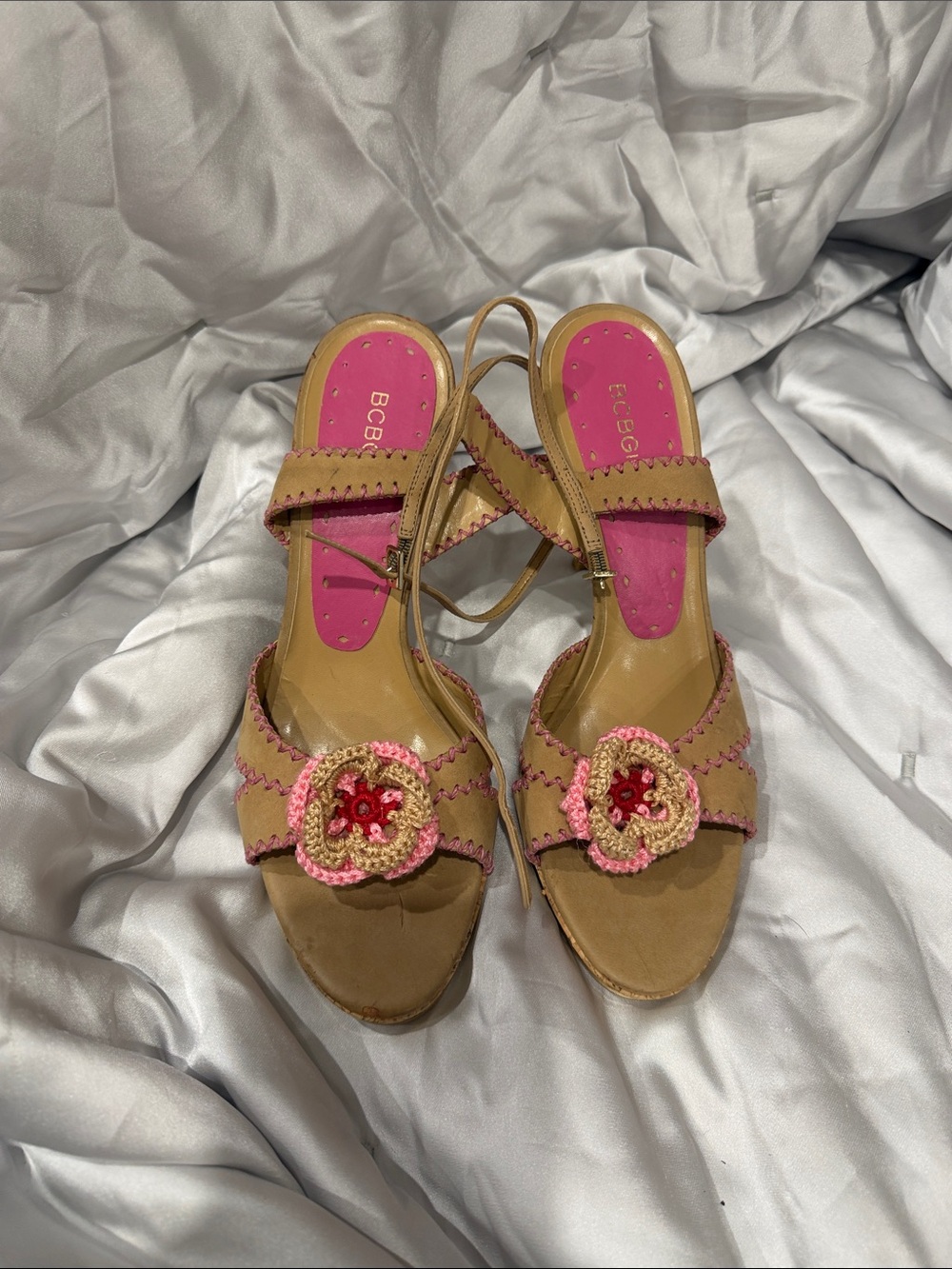 BCBG Tan Sandal Heels with Pink Floral Crochet Detail